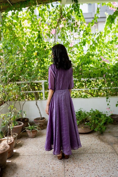 Juanita- Handwoven Banarsi Zari Dress Violet V Neck Fashion Juanita 