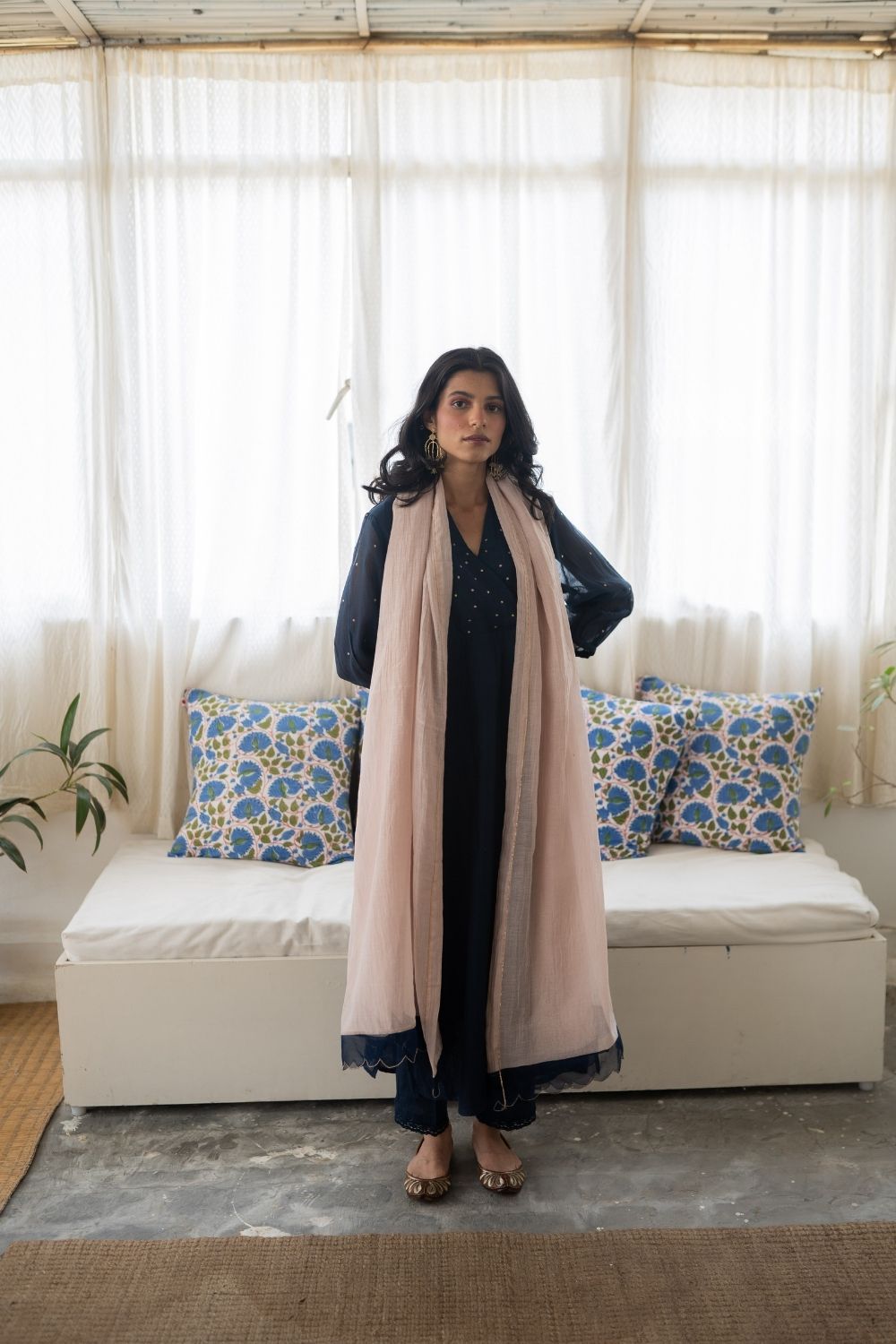Juanita-Handwoven Chanderi Set in Midnight Blue and Blush Color Fashion Juanita 