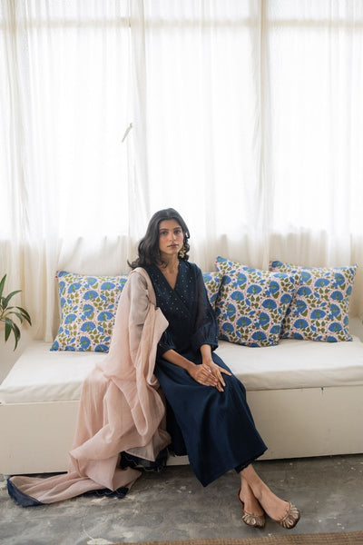 Juanita-Handwoven Chanderi Set in Midnight Blue and Blush Color Fashion Juanita 