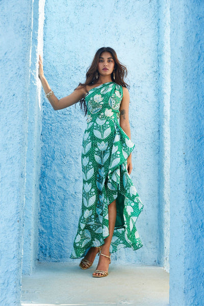 JUNAINA SILK ONE SHOULDER RUFFLE DRESS Fashion JodiLife