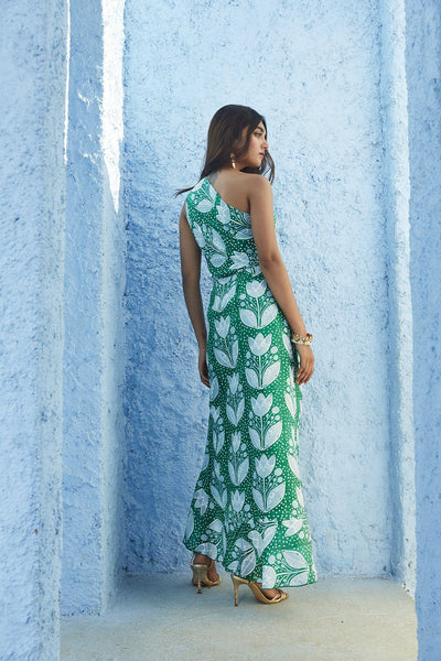 JUNAINA SILK ONE SHOULDER RUFFLE DRESS Fashion JodiLife
