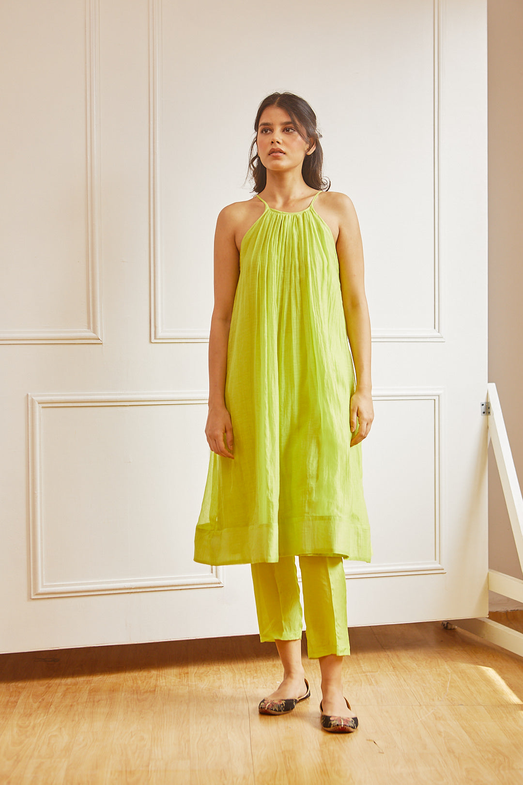 Lime Handwoven chanderi sleeveless Tunic Set with Dupatta Fashion Juanita 