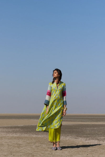 LIME PRINTED SILK BACK PLEAT KURTA SET Fashion Rajiramniq