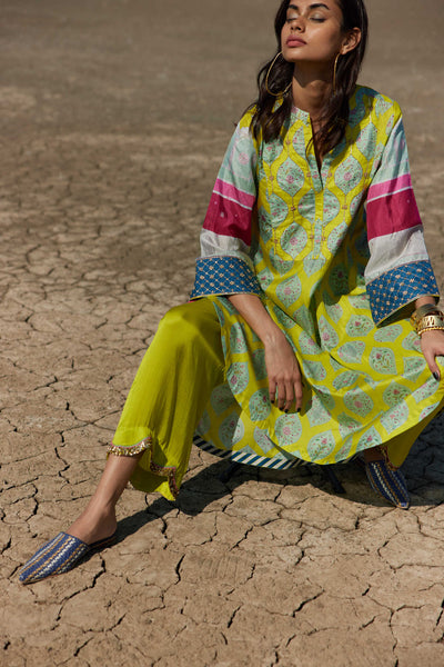 LIME PRINTED SILK BACK PLEAT KURTA SET Fashion Rajiramniq