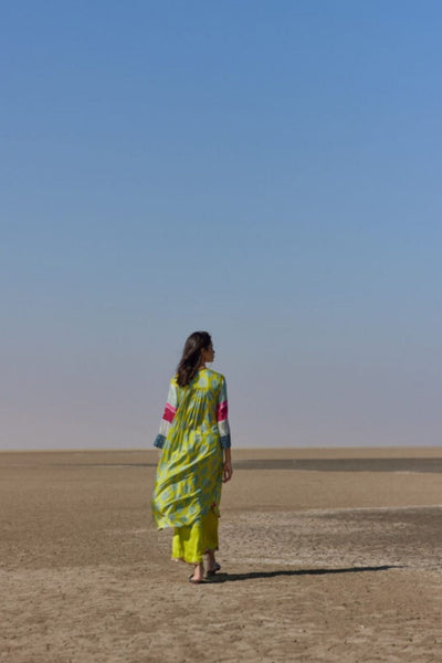 LIME PRINTED SILK BACK PLEAT KURTA SET Fashion Rajiramniq