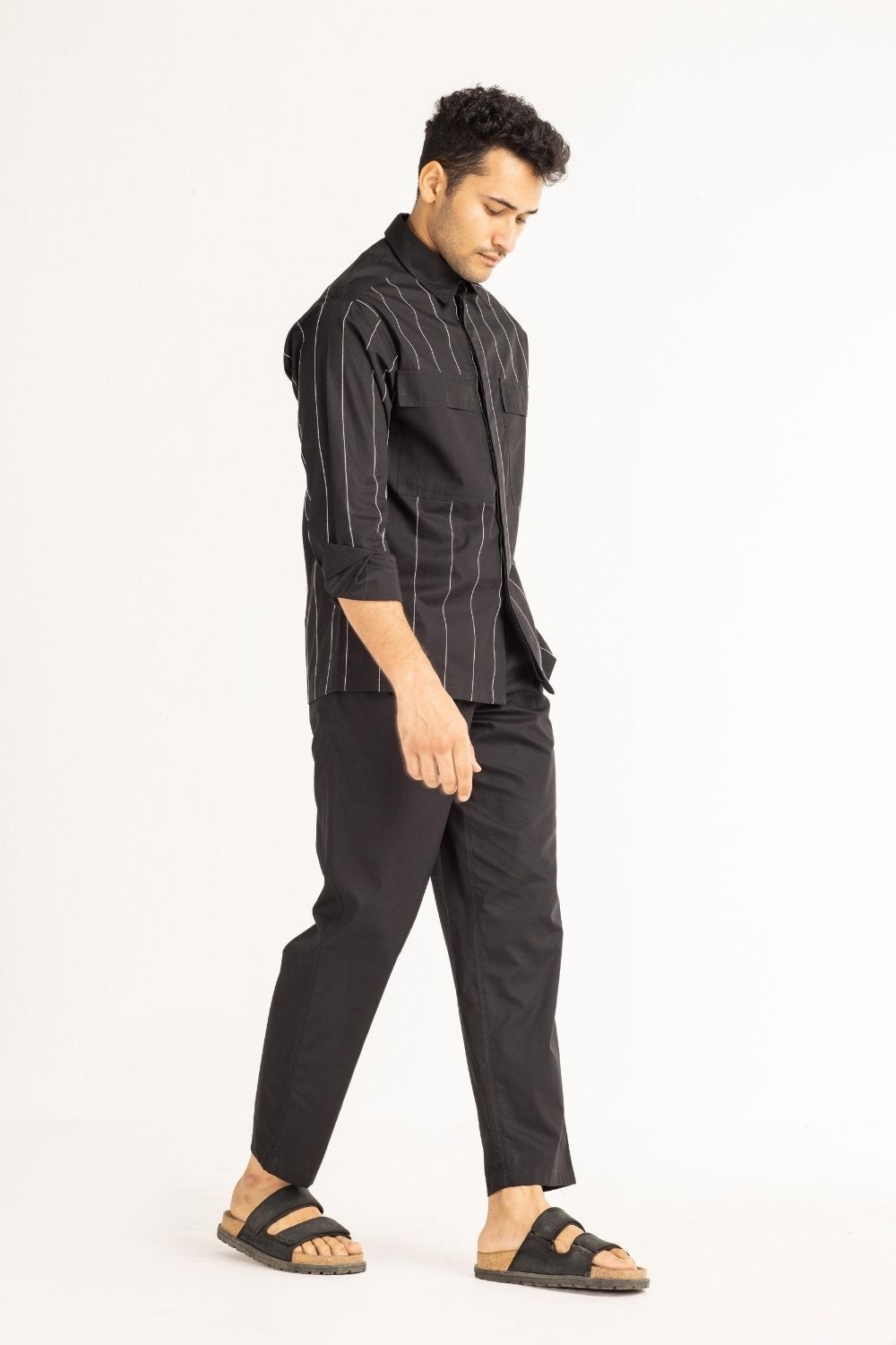 Linear Embroidered Shirt Co-ord - Black Men THREE Men 
