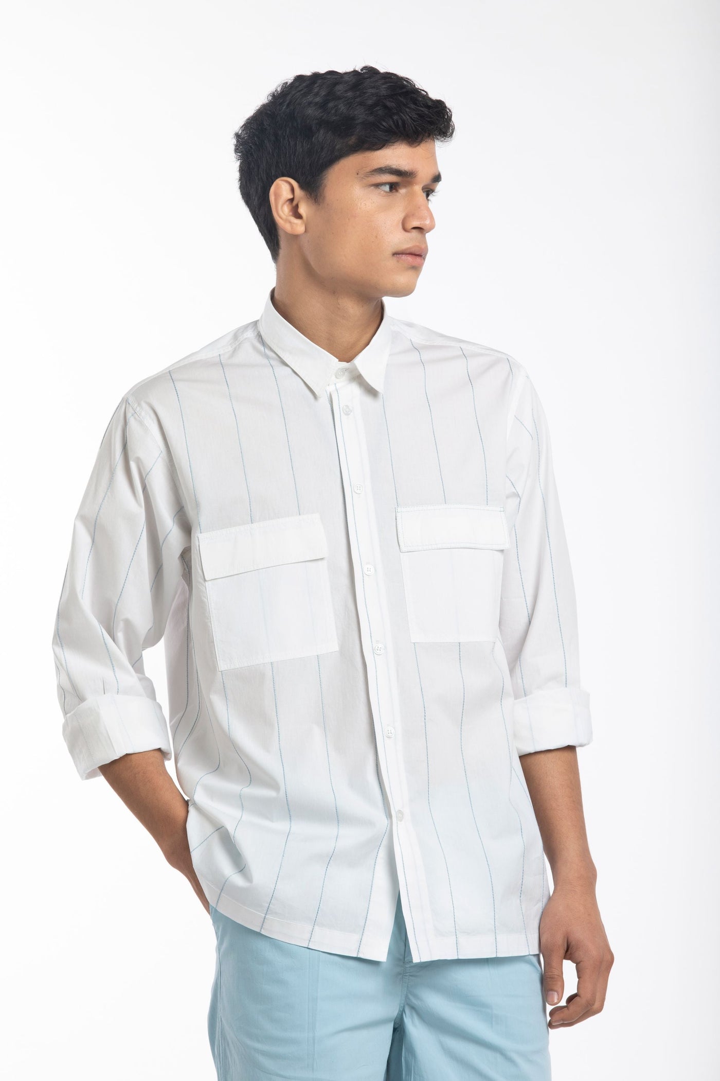 Linear Embroidered Shirt Co-ord- White Men THREE Men 