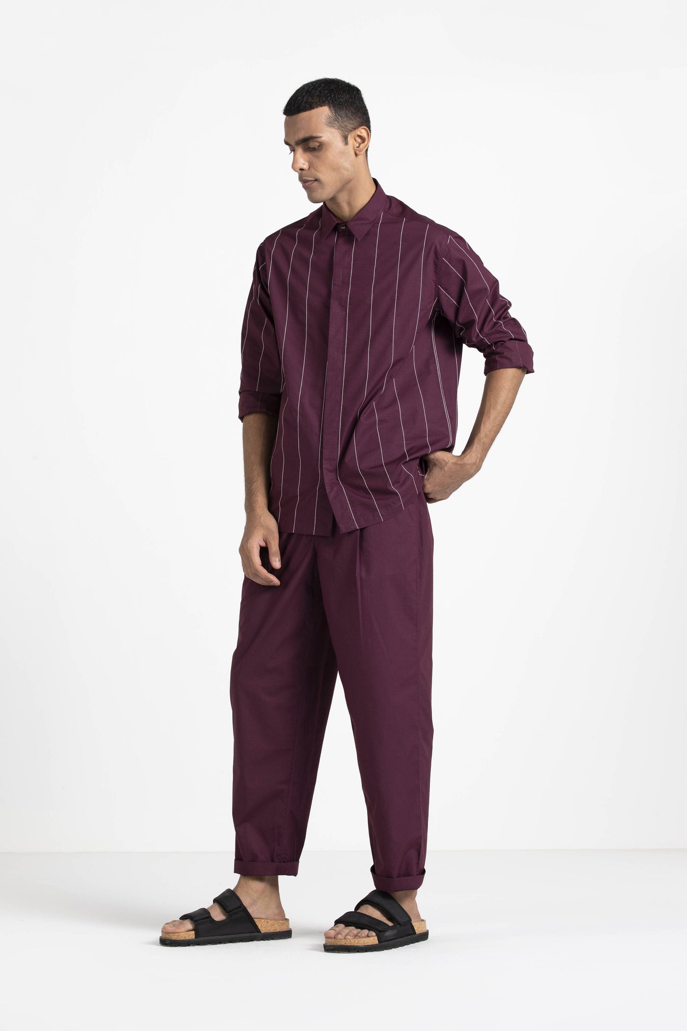 Linear Embroidered Shirt - Wine Men THREE 