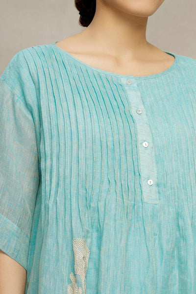 LINEN TUCK KURTA WITH KANTHA PLANT EMBROIDERY AQUA Fashion MYOHO