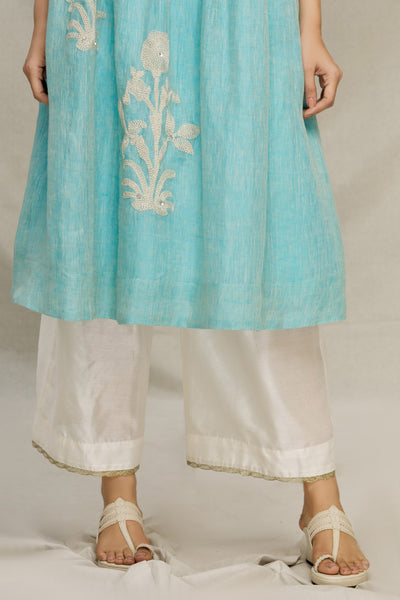 LINEN TUCK KURTA WITH KANTHA PLANT EMBROIDERY AQUA Fashion MYOHO