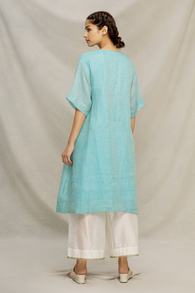 LINEN TUCK KURTA WITH KANTHA PLANT EMBROIDERY AQUA Fashion MYOHO