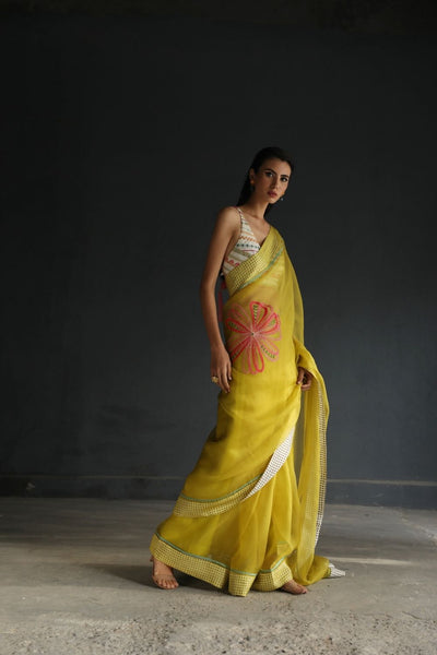 LOVE TO DOT YELLOW FLOWER ORGANZA SARI Fashion Rajiramniq