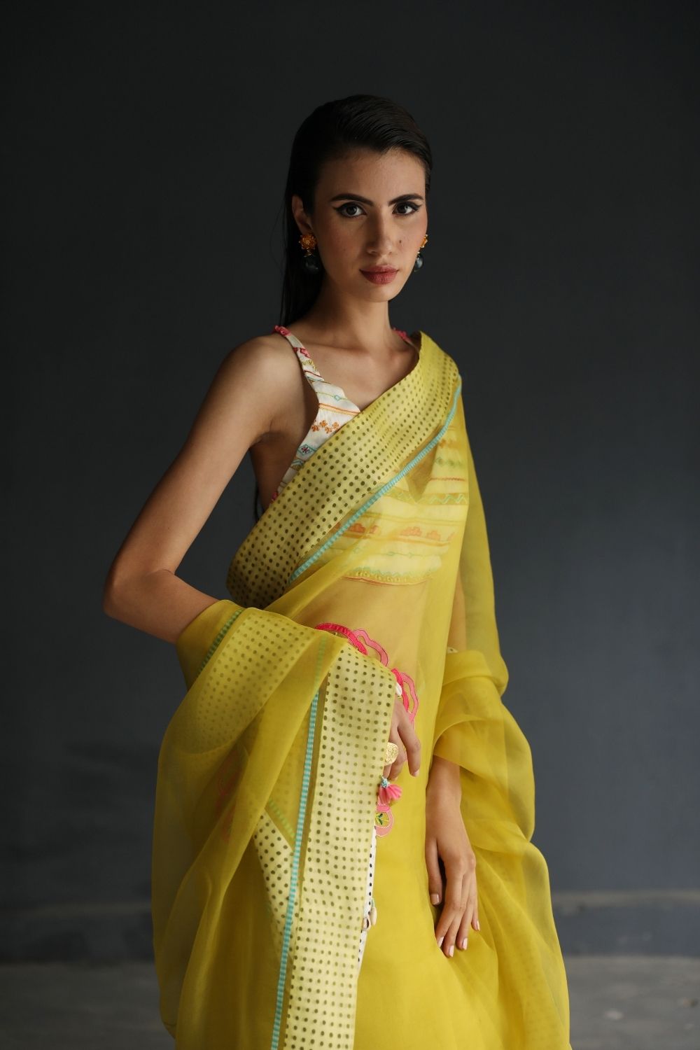 LOVE TO DOT YELLOW FLOWER ORGANZA SARI Fashion Rajiramniq