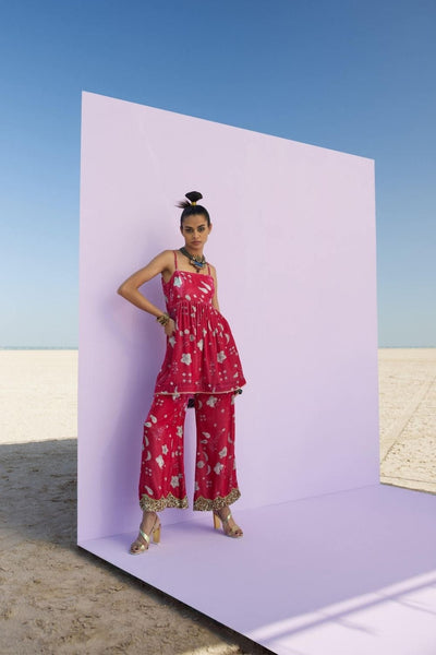 MAGENTA PRINTED SILK VELVET PUCKERING KURTA SET Fashion Rajiramniq