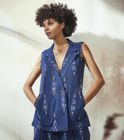 Marine Blue Ikat Co-ord Set Fashion Khara Kapas