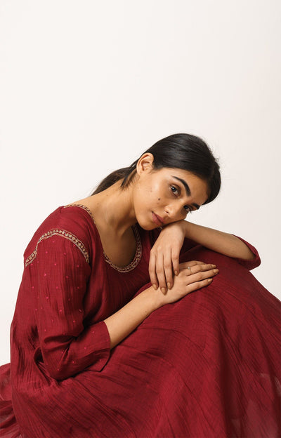 Maroon Chanderi Aayat Kurta and Pant Set with Resham and Dabka Embroidery Fashion DOT