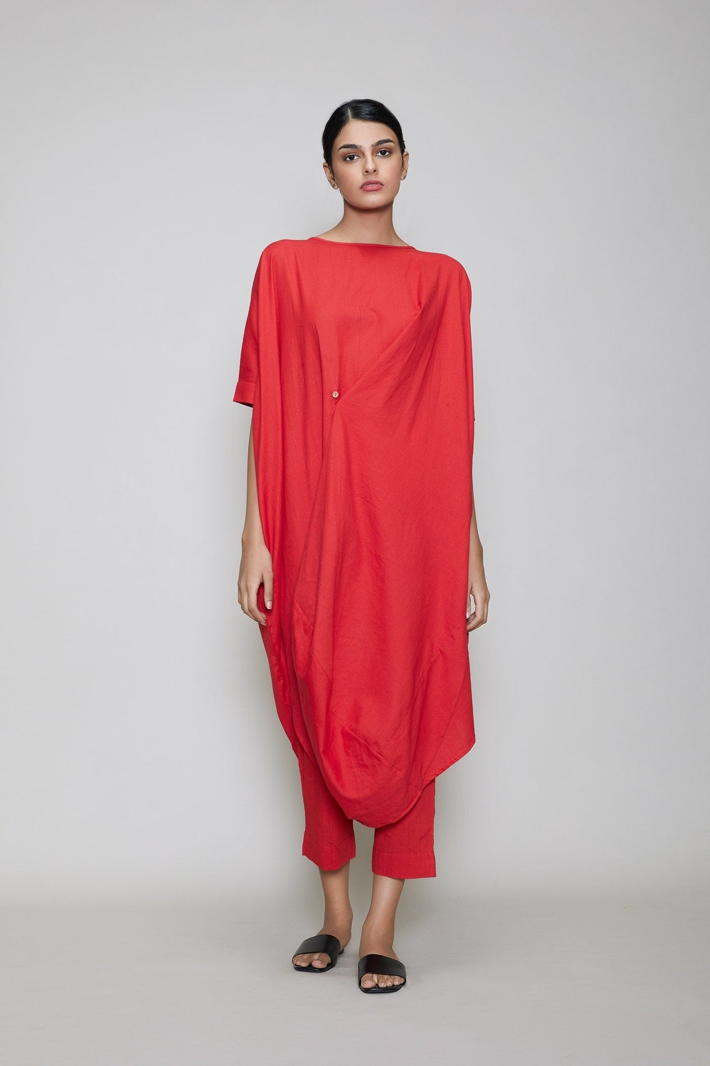 MATI COWL BUTTON TUNIC SET-RED Fashion Mati