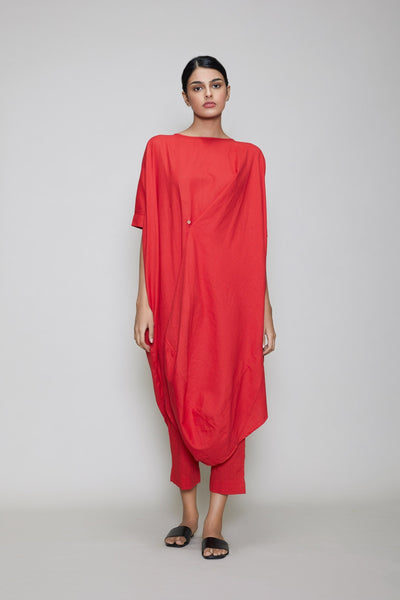 MATI COWL BUTTON TUNIC SET-RED Fashion Mati