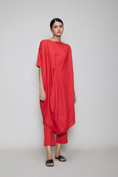 MATI COWL BUTTON TUNIC SET-RED Fashion Mati