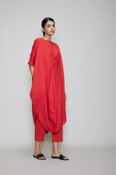MATI COWL BUTTON TUNIC SET-RED Fashion Mati