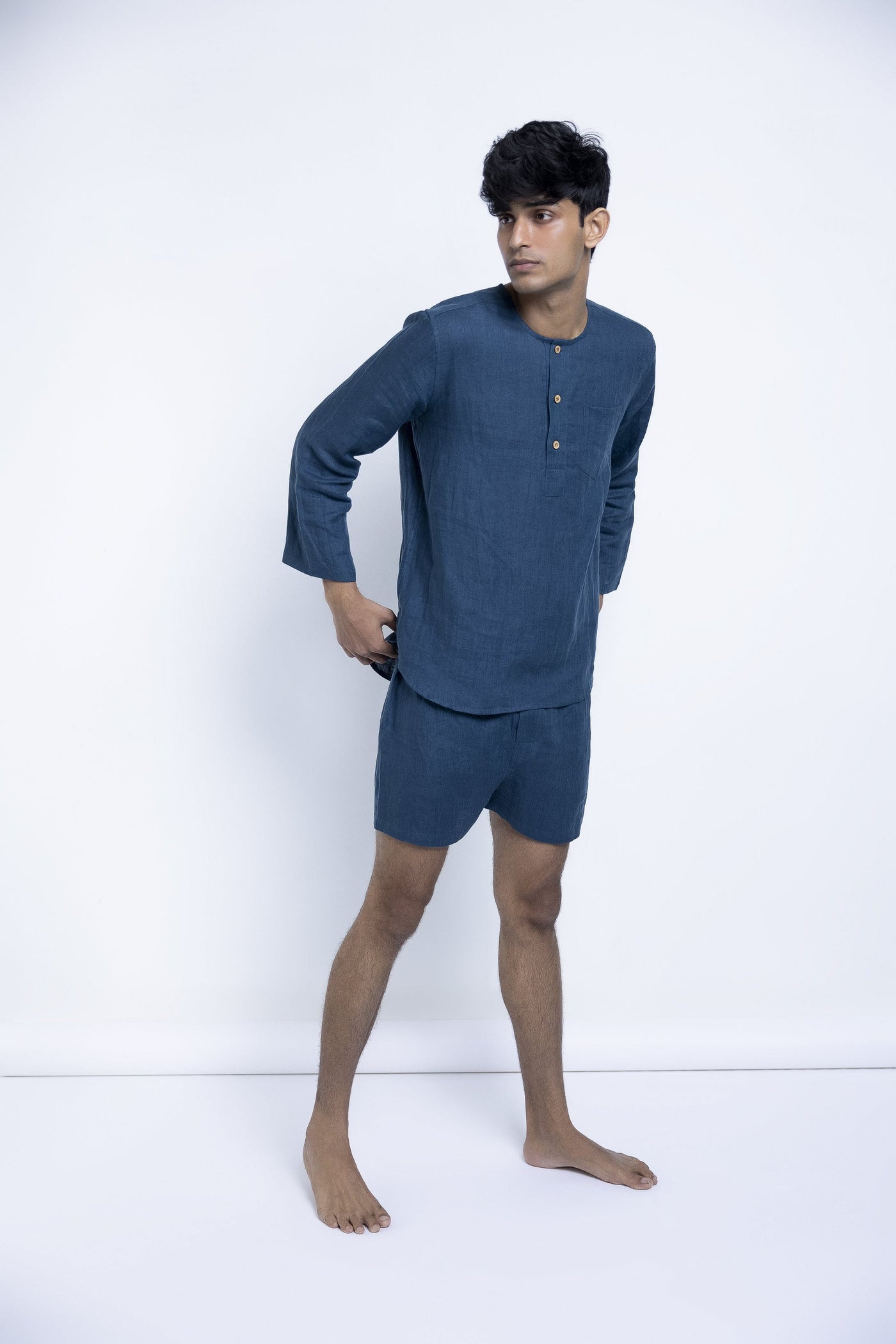 Men's Indigo Linen Short Set Men Saphed