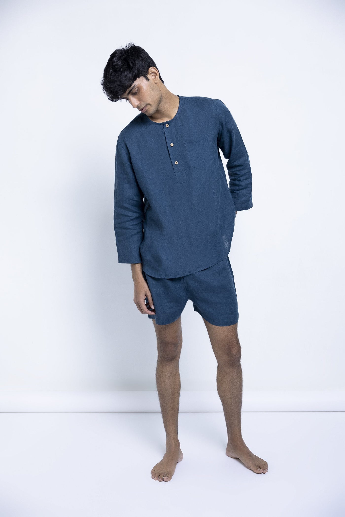 Men's Indigo Linen Short Set Men Saphed