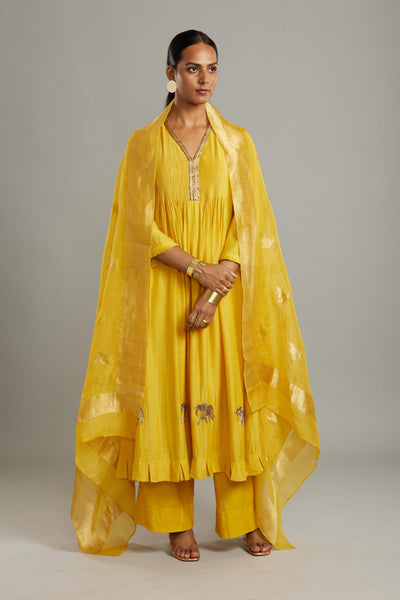 Munga Silk Pintuck full length kurta with embroidered neck and hem with solid pants and butti dupatta Fashion Myoho 