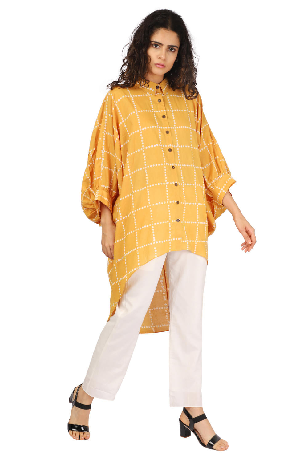 Mustard Hand Done Bandhani Asymmetrical Drape Shirt Fashion The Pot Plant