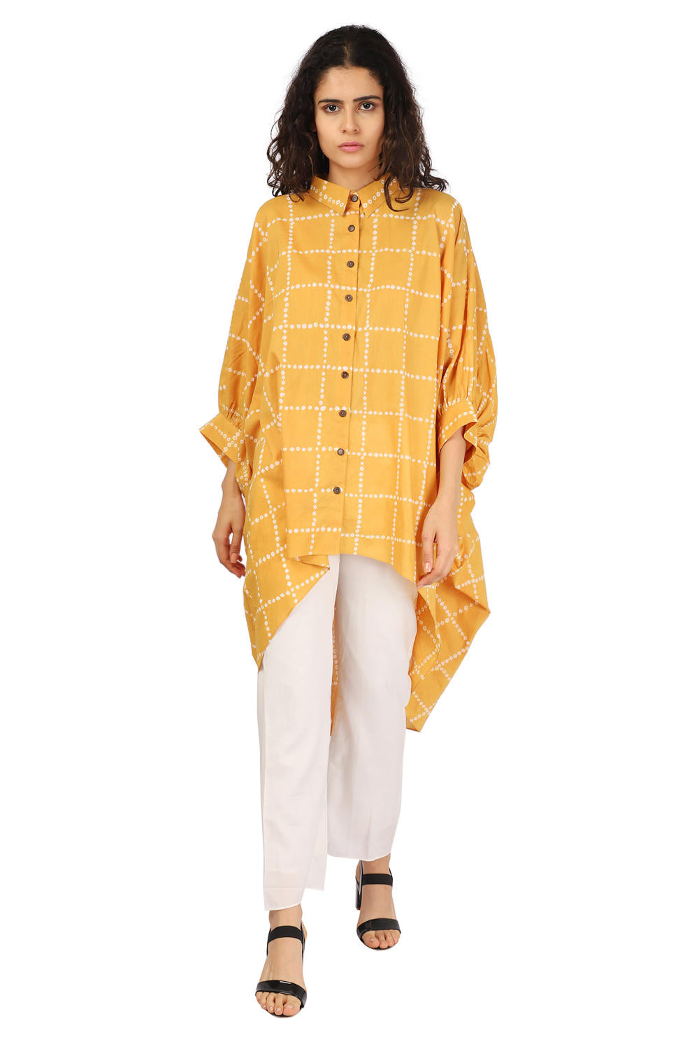 Mustard Hand Done Bandhani Asymmetrical Drape Shirt Fashion The Pot Plant
