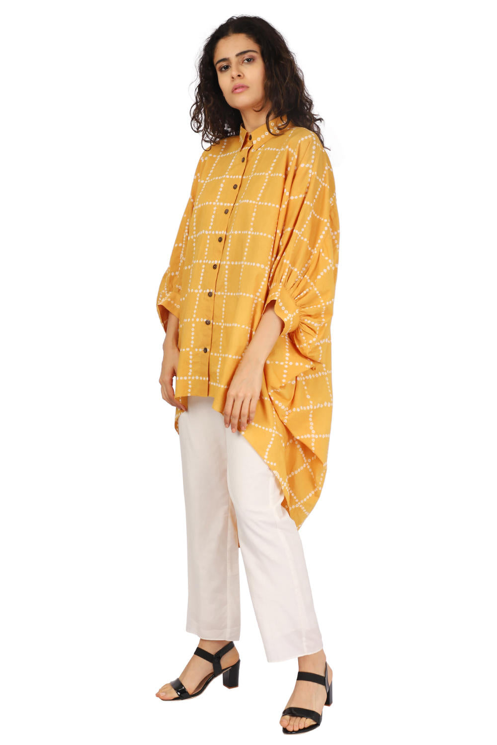 Mustard Hand Done Bandhani Asymmetrical Drape Shirt Fashion The Pot Plant