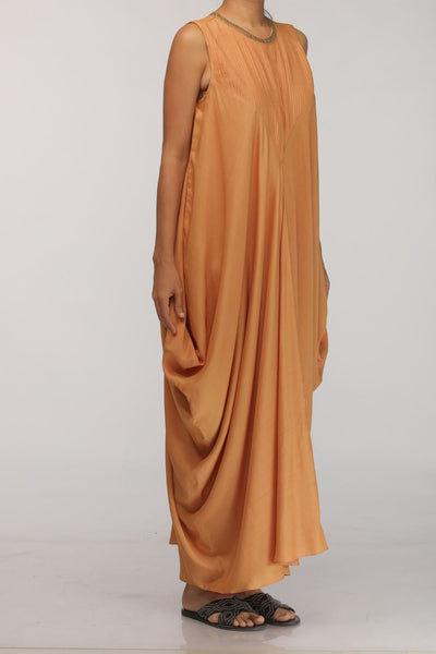 MUSTARD PINTUCK V-YOKE SIDE COWL DRESS Fashion Myoho 