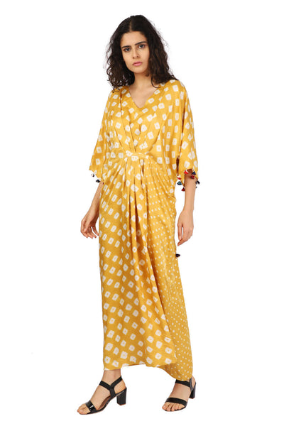 Mustard Silk Hand-Done Bandhani Kaftan Dress Fashion The Pot Plant