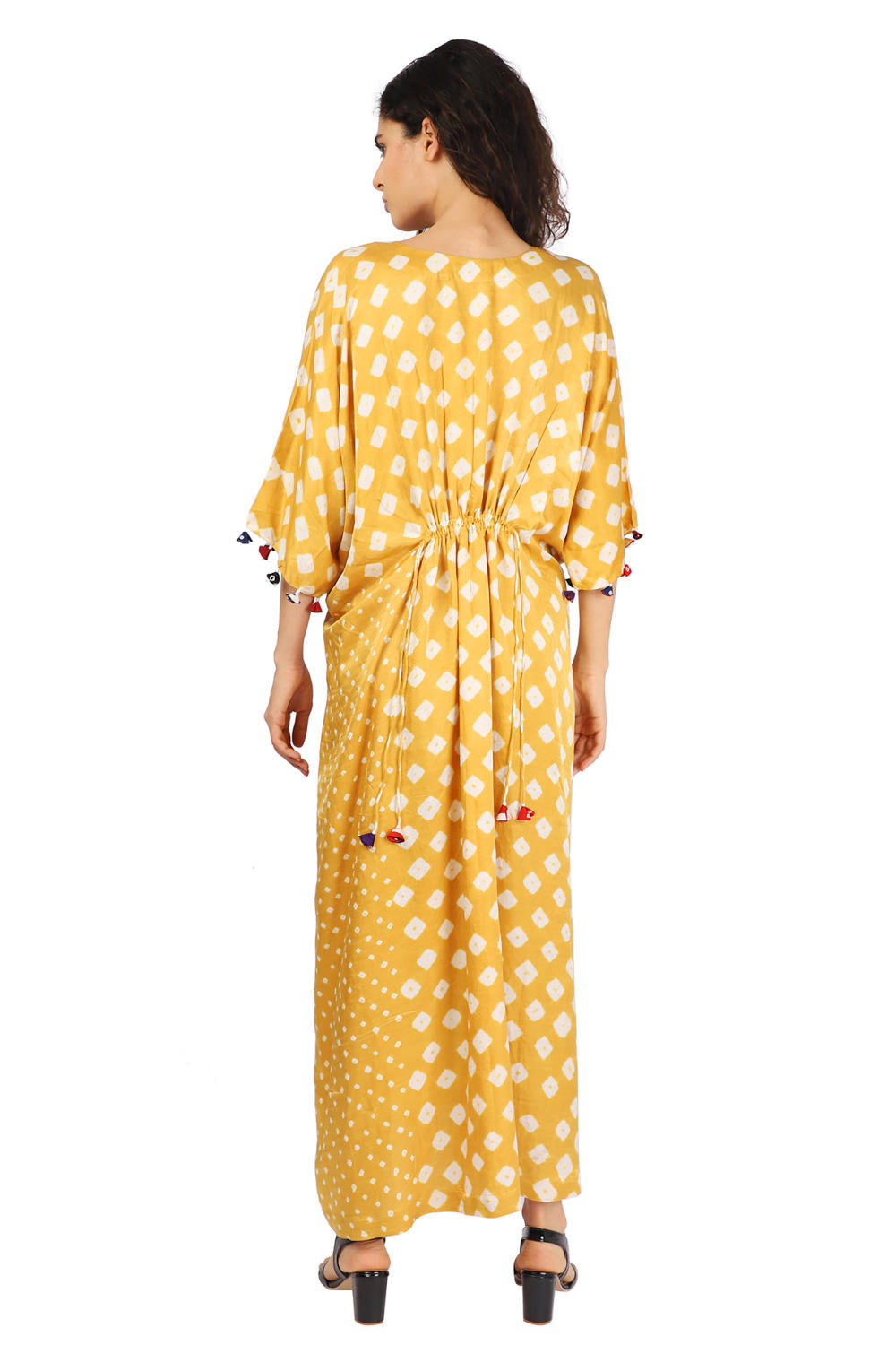 Mustard Silk Hand-Done Bandhani Kaftan Dress Fashion The Pot Plant