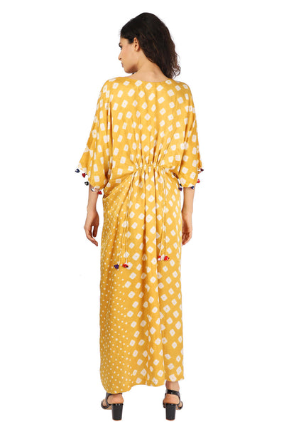 Mustard Silk Hand-Done Bandhani Kaftan Dress Fashion The Pot Plant