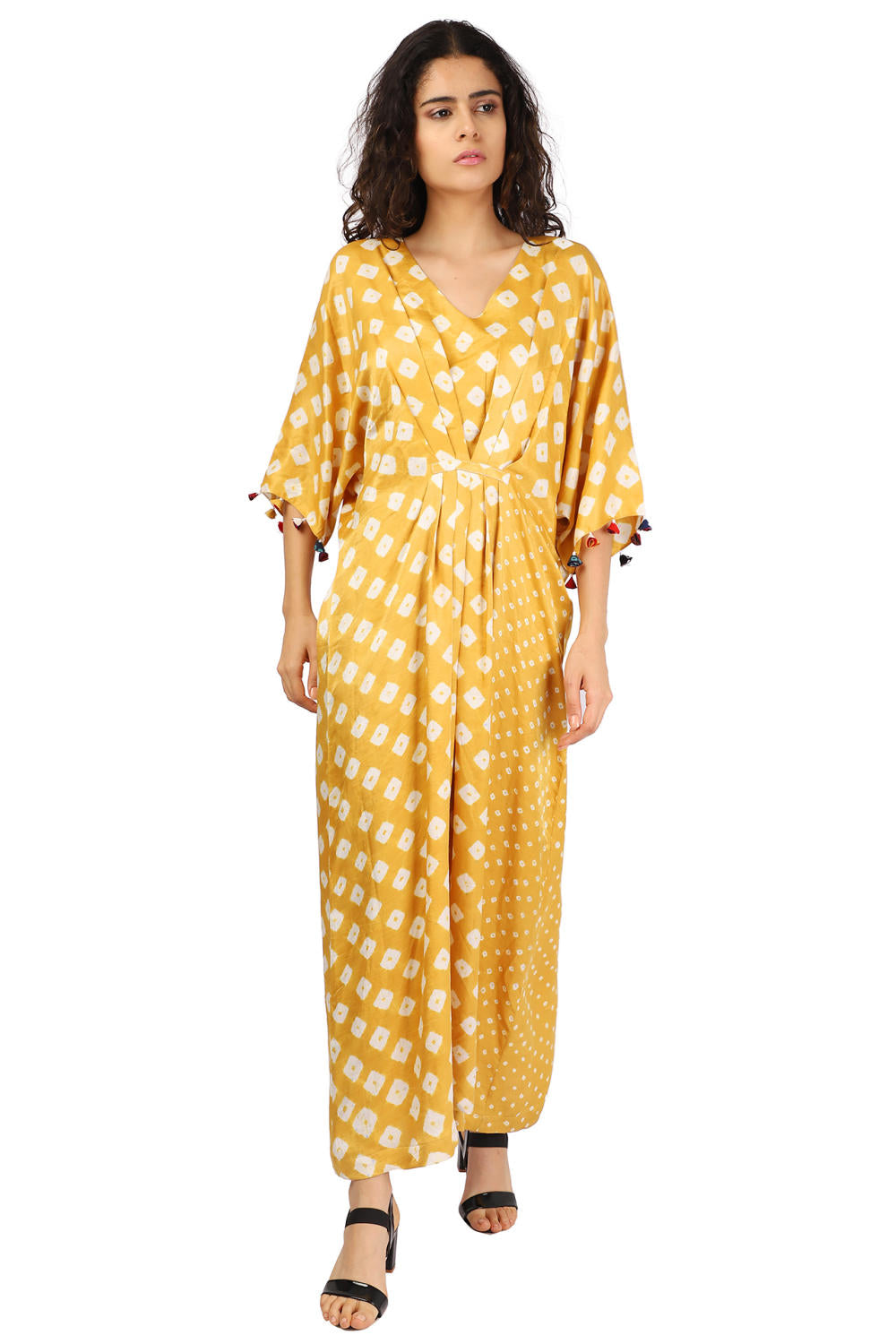 Mustard Silk Hand-Done Bandhani Kaftan Dress Fashion The Pot Plant