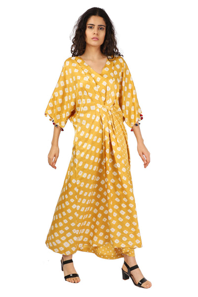 Mustard Silk Hand-Done Bandhani Kaftan Dress Fashion The Pot Plant