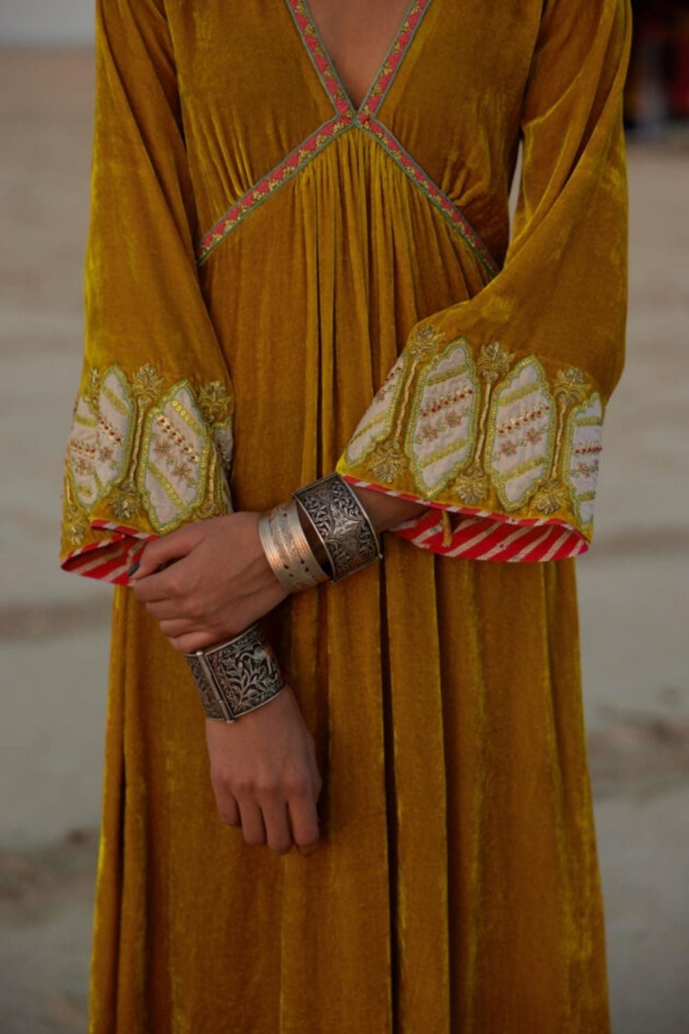 MUSTARD YELLOW BELL SLEEVE SILK VELVET KURTA SET Fashion Rajiramniq