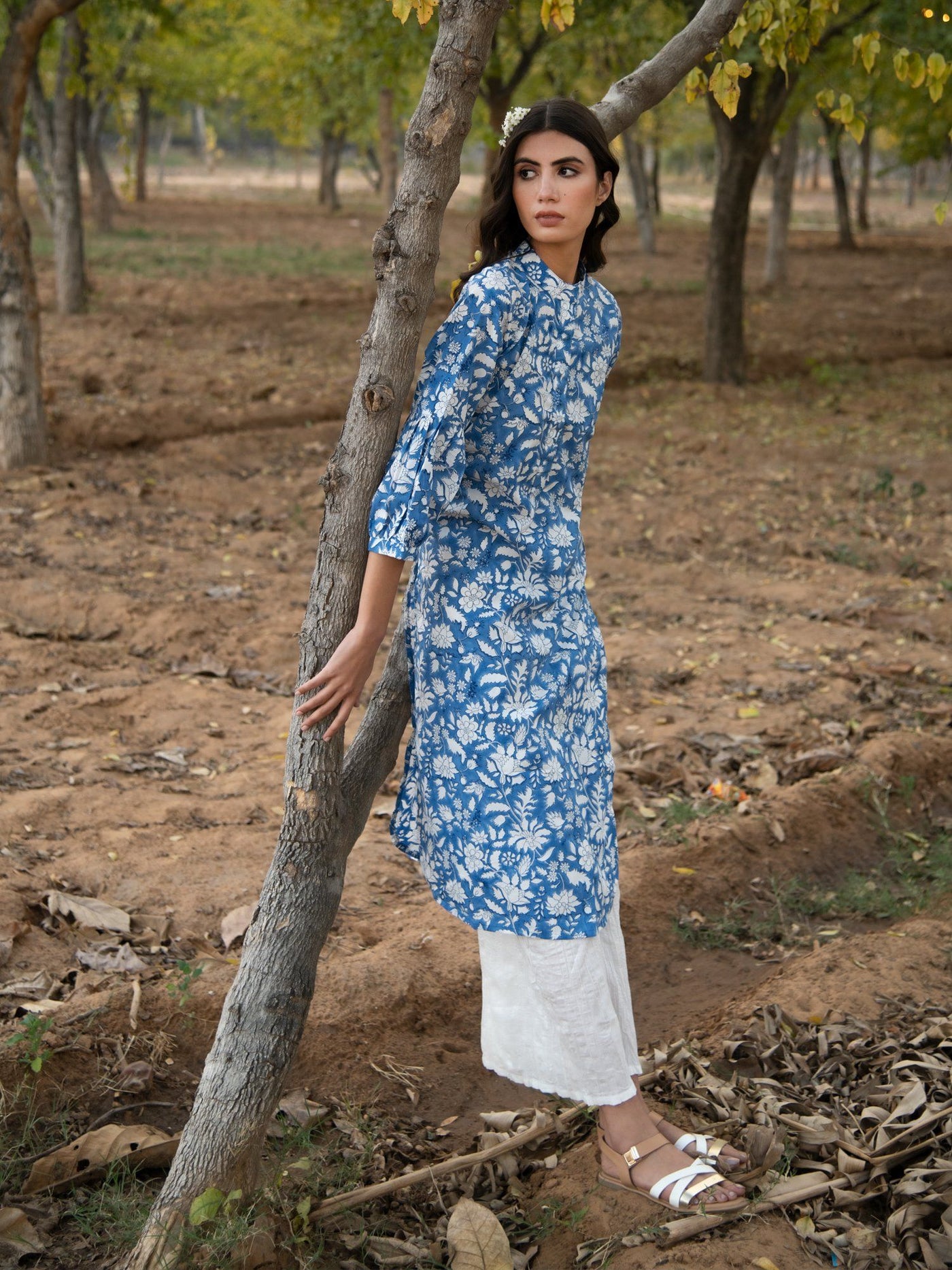 No more blues kurta set- Blue Hand Block Printed Cotton Kurta with White Crushed Pants Fashion Marche