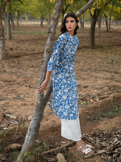 No more blues kurta set- Blue Hand Block Printed Cotton Kurta with White Crushed Pants Fashion Marche