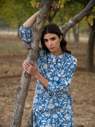 No more blues kurta set- Blue Hand Block Printed Cotton Kurta with White Crushed Pants Fashion Marche