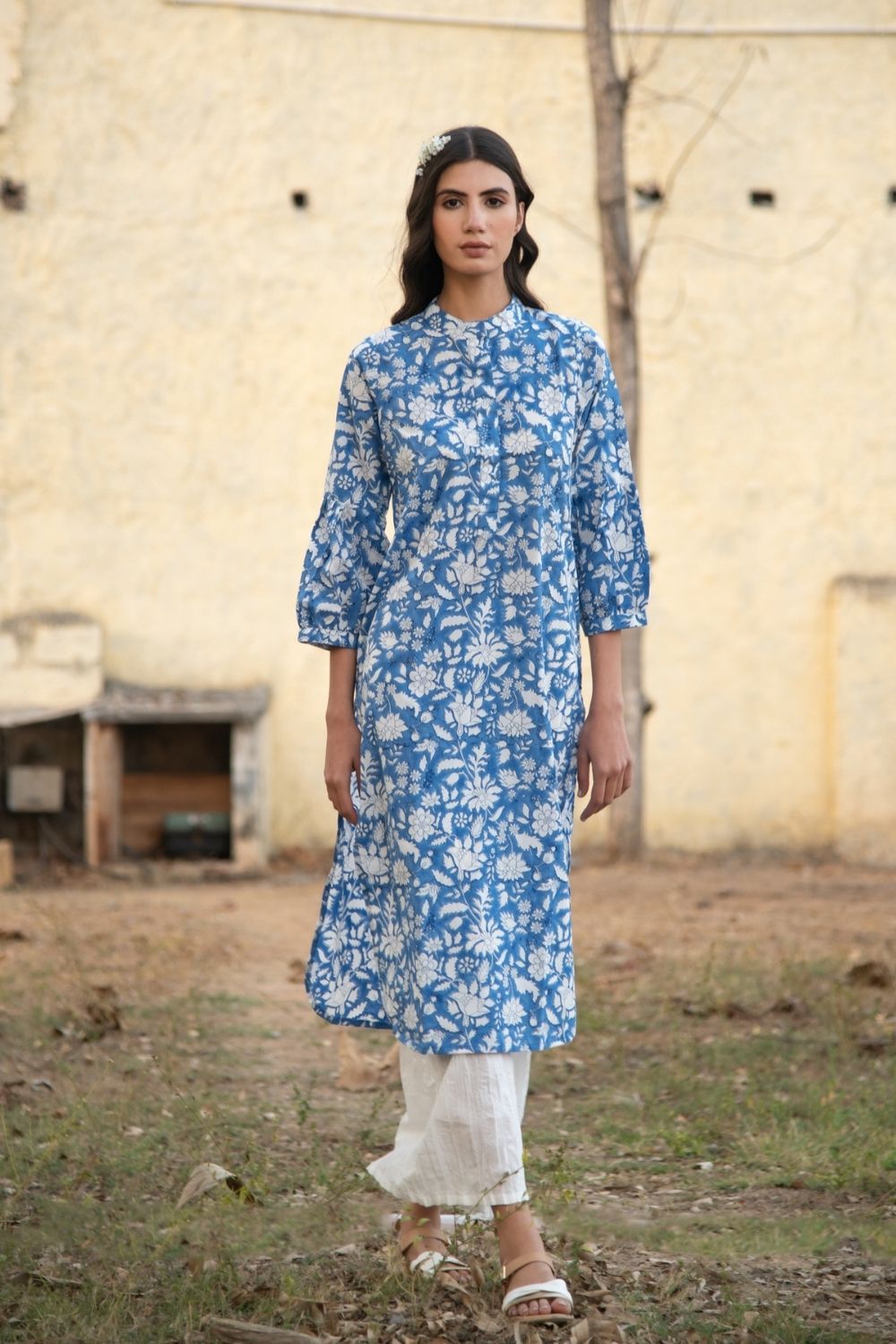 No more blues kurta set- Blue Hand Block Printed Cotton Kurta with White Crushed Pants Fashion Marche