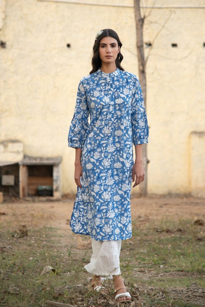 No more blues kurta set- Blue Hand Block Printed Cotton Kurta with White Crushed Pants Fashion Marche