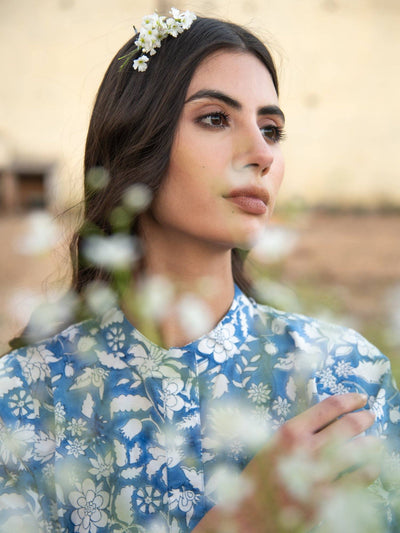 No more blues kurta set- Blue Hand Block Printed Cotton Kurta with White Crushed Pants Fashion Marche