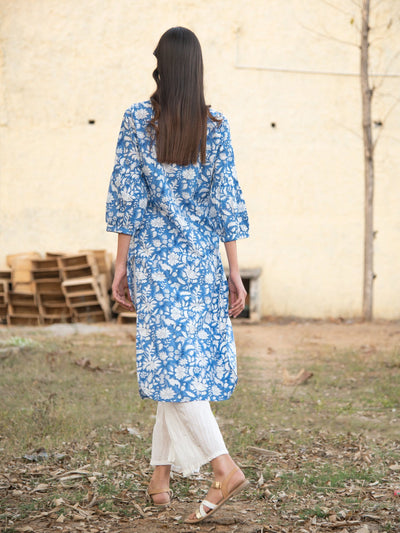 No more blues kurta set- Blue Hand Block Printed Cotton Kurta with White Crushed Pants Fashion Marche