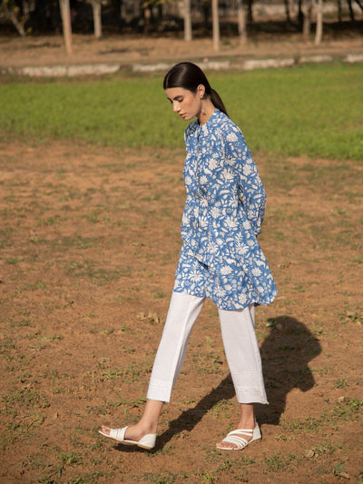 No More Blues Tunic- Blue Hand Block Printed Cotton Tunic Top Fashion Marche