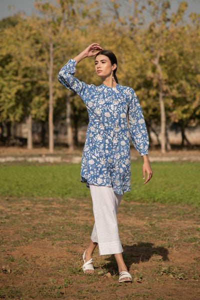 No More Blues Tunic- Blue Hand Block Printed Cotton Tunic Top Fashion Marche
