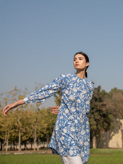 No More Blues Tunic- Blue Hand Block Printed Cotton Tunic Top Fashion Marche