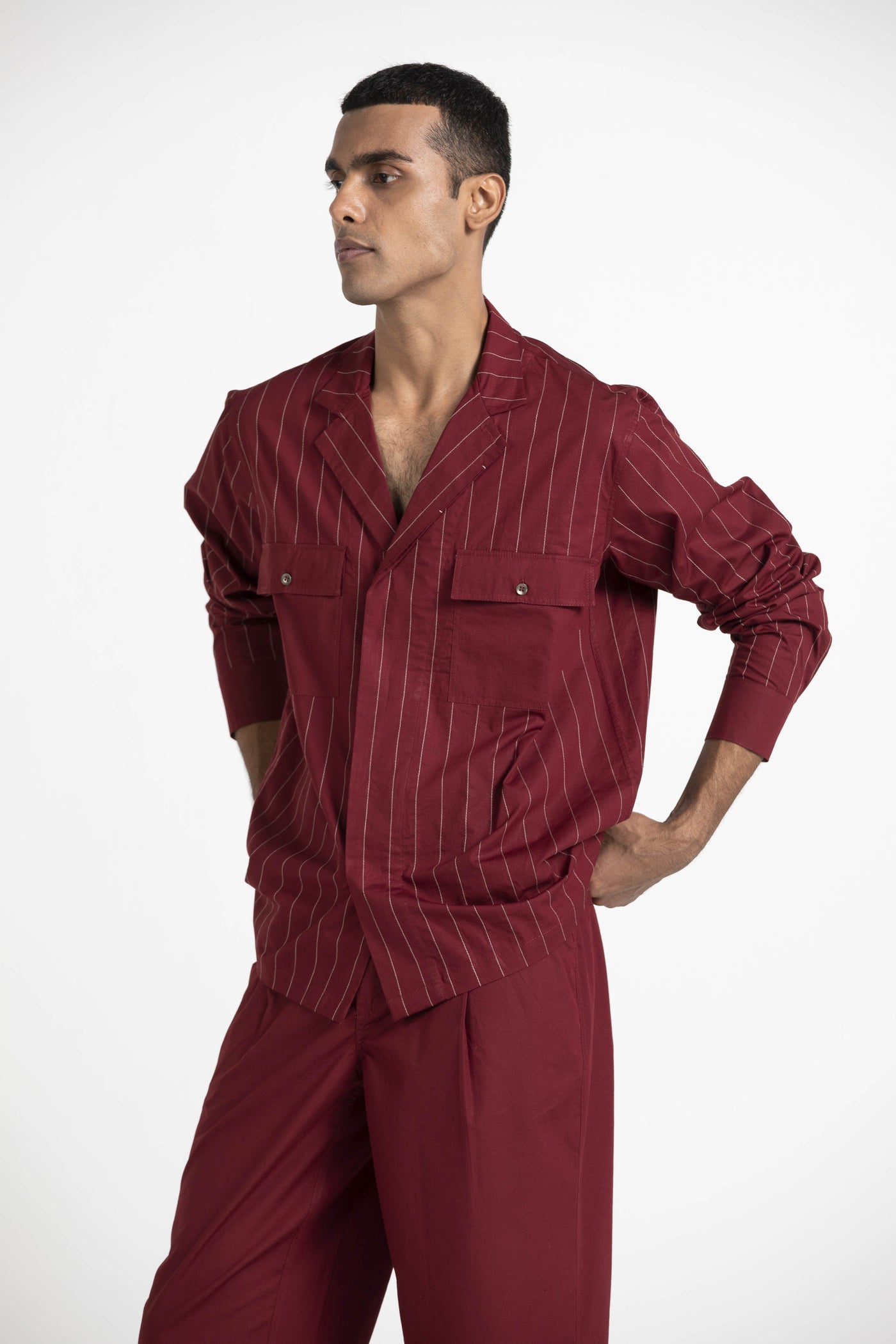 Notch Collar Embroidered Shirt Co-ord Men THREE 