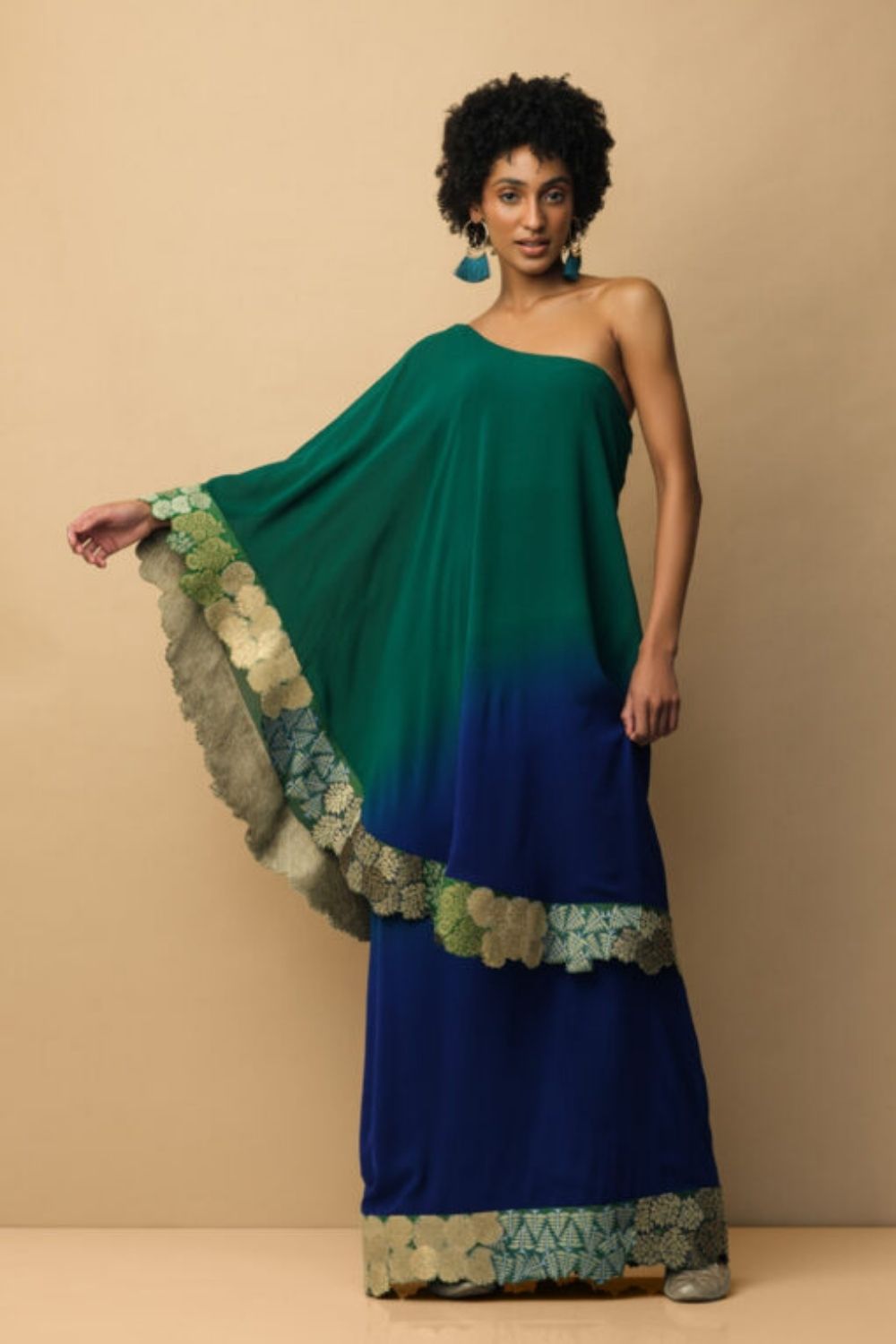Ombre Banaras Bloom toga dress emerald green & royal blue Fashion Mallika Mathur