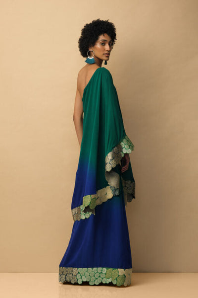 Ombre Banaras Bloom toga dress emerald green & royal blue Fashion Mallika Mathur